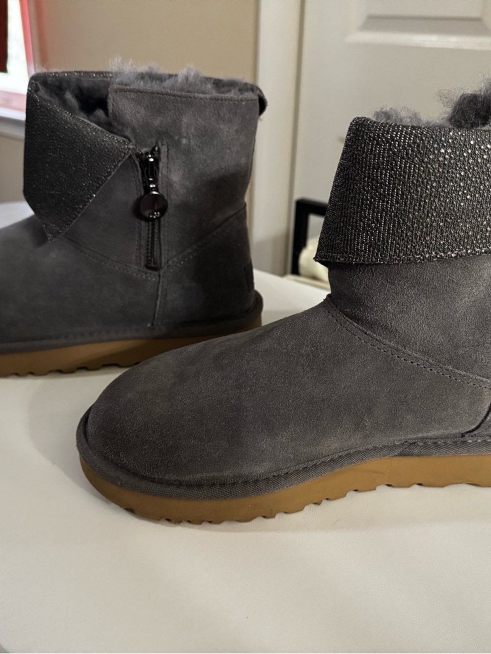 UGG Gray Suede Fleece-Lined Ankle Boots with Fold-Over Cuff